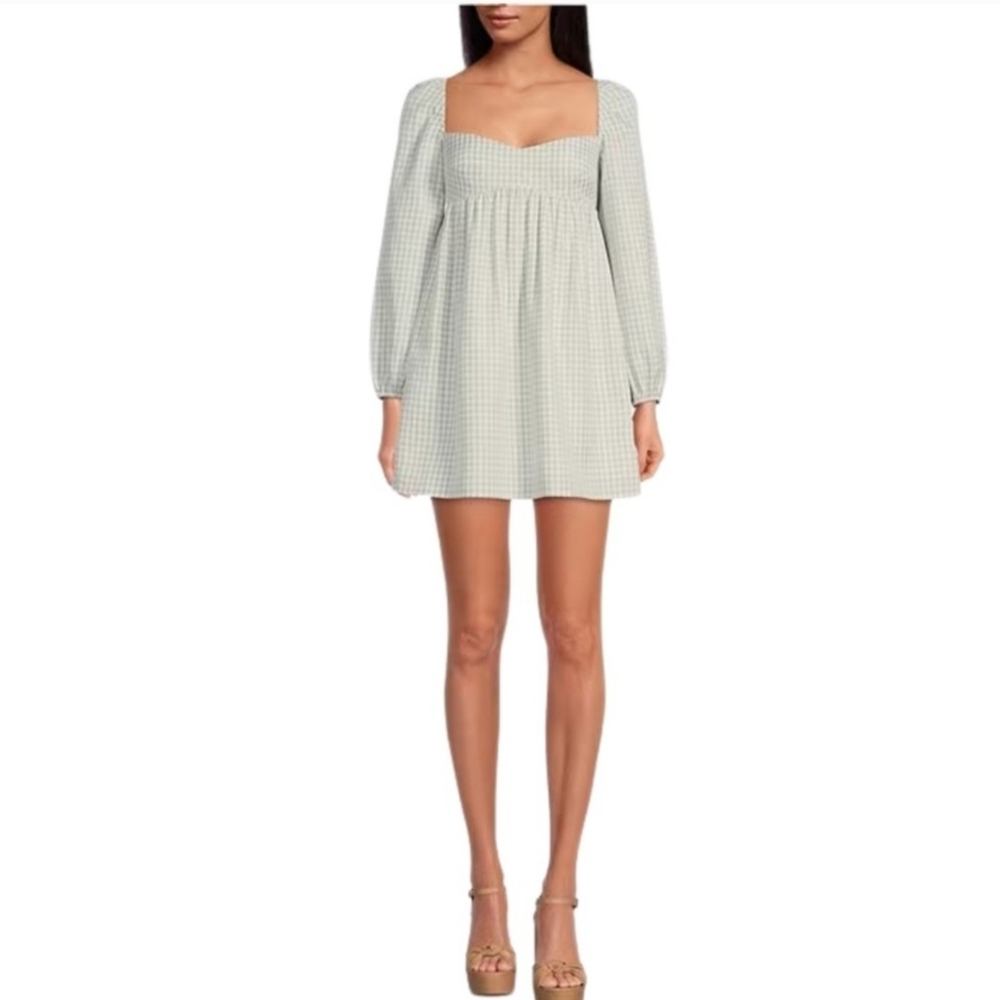Gianni Bini Gingham Smocked Mini Dress Size 4 Green White Puff Sleeve Cottagecor